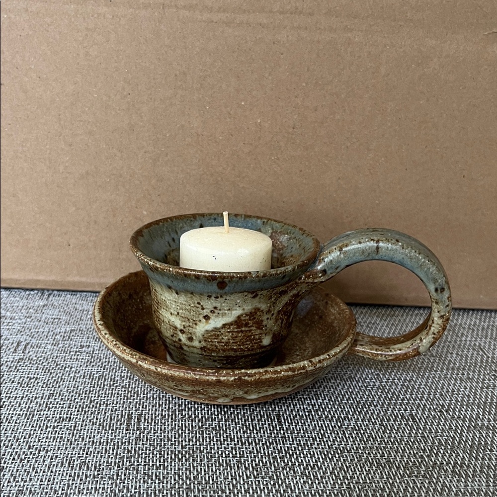 Ceramic Handthrown Signed Studio Pottery Candle Holder attached Saucer signed